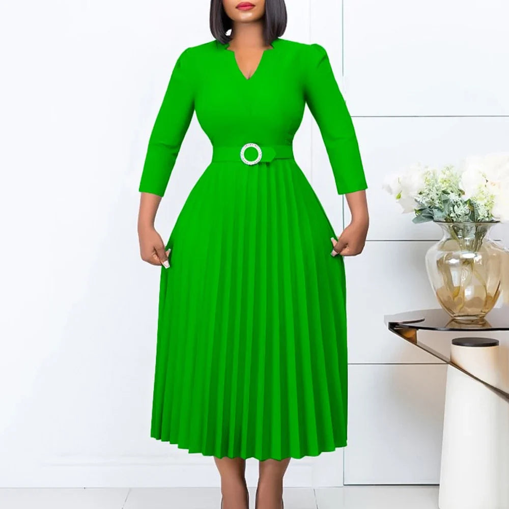 Elegant Pleated V Neck Belt Waisted Mid Calf African Business Wear Dress