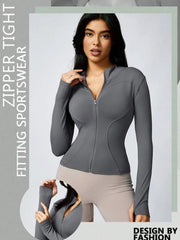 Women's Solid Color Zipper Turtleneck Sports Jacket, Long-Sleeved Sports Top, Gym Wear, Ladies' Sportswear for Indoor and Outdoo