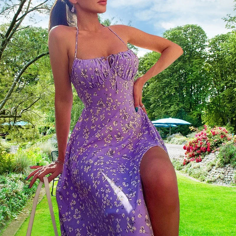 Amazon European and American cross-border women's clothing 2024 summer new casual suspender floral split dress long women's dres