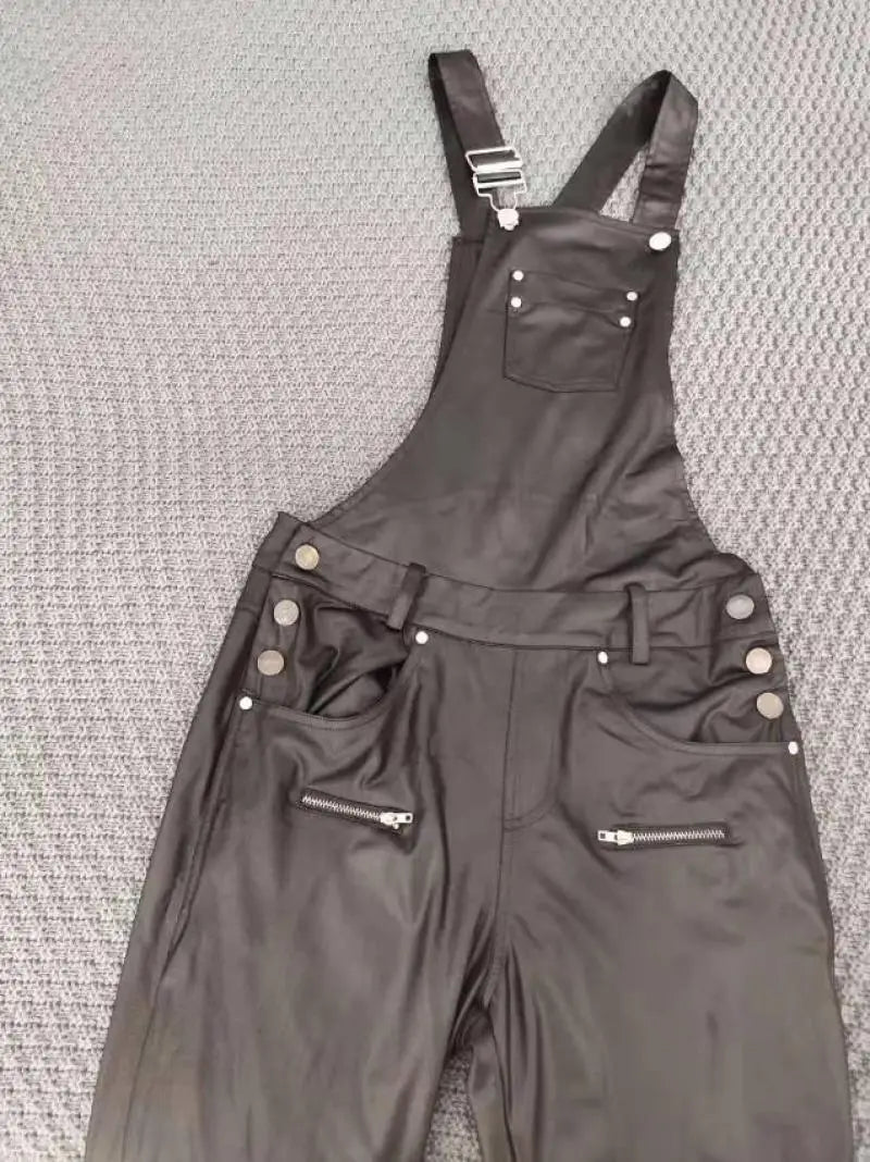 Women's Shoulder Strap Square Neck Pu Leather Buckle Zipper Sexy Tight Fitting Jumpsuit