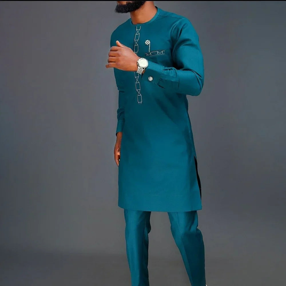 Men's New Designer Clothing Luxury Brand African 2Pc Suits Traditional Outfit Elegant Dashiki Full Pant Set