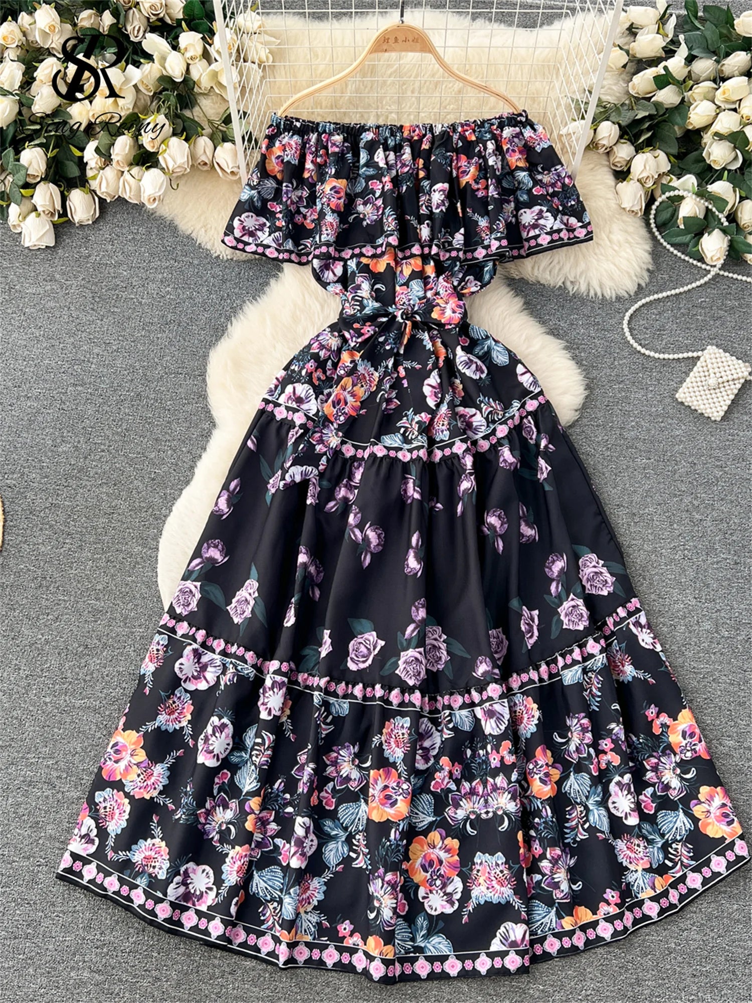 French Court Floral Print Sling Neck Off Shoulder Fashion Loose Long Dress