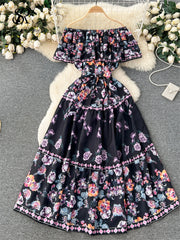 French Court Floral Print Sling Neck Off Shoulder Fashion Loose Long Dress