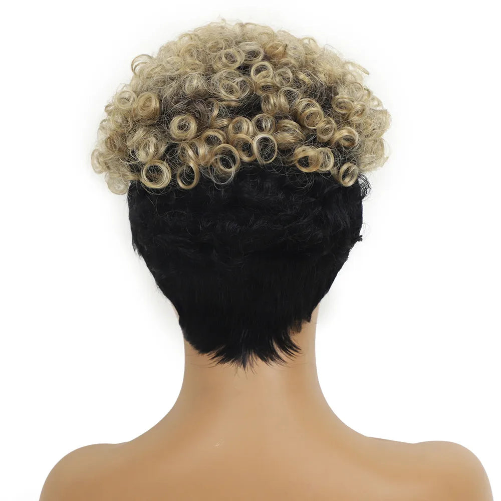 Short Curly Pixie Cut Wig - Black & Blonde Two-Tone