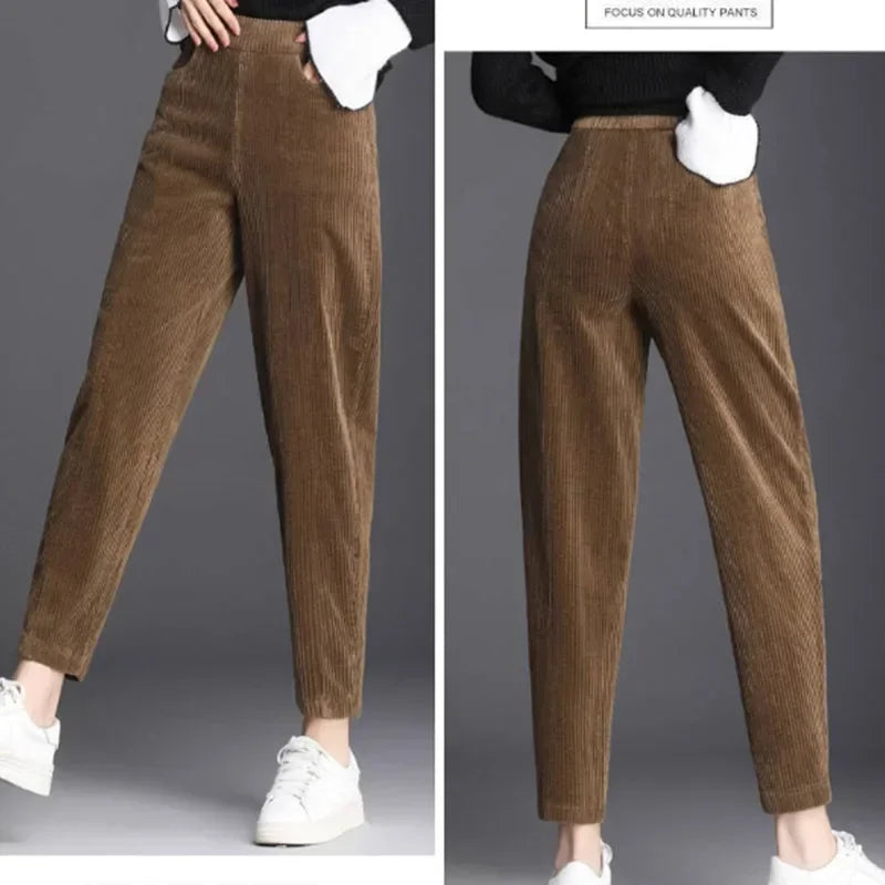 Women Corduroy Warm Thick Plush Casual Autumn Winter Leggings High Waist Pants