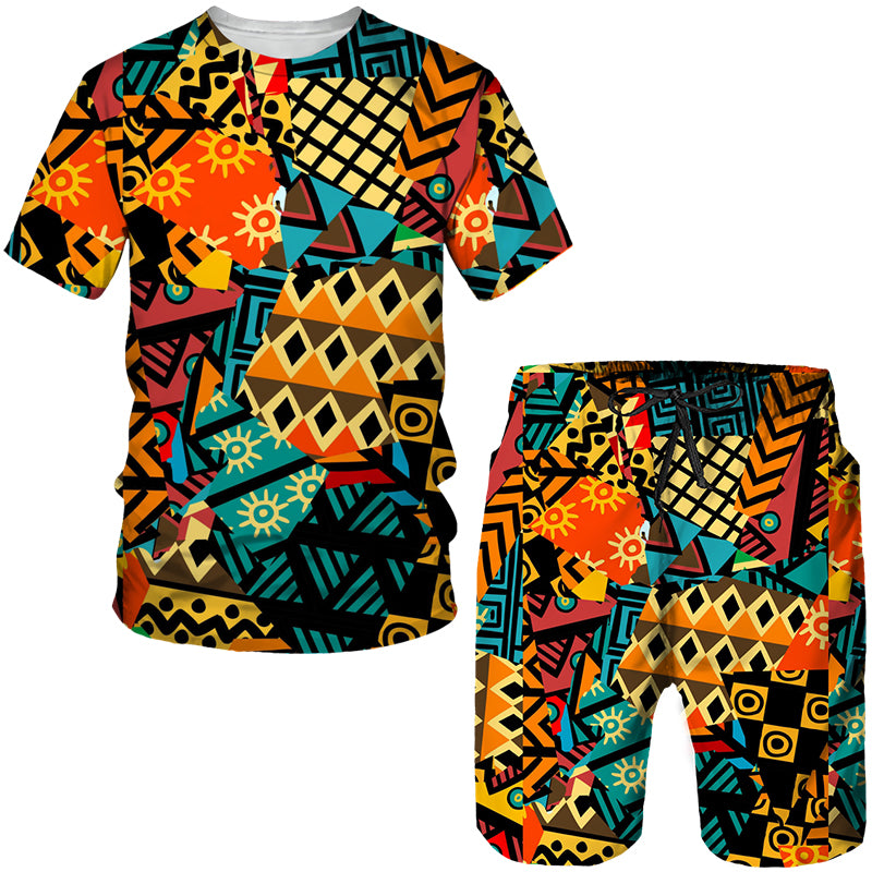 African Men 2 Piece Outfit Ethnic Style Dashiki Shirts Short Sleeve Tee