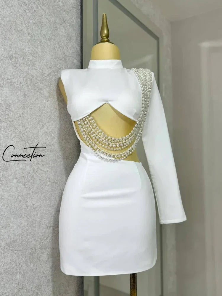 Stylish O-neck Mini Dress Summer Pearl String Sexy Street Night Party Vestidos