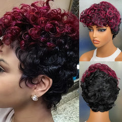 Short Black and Burgundy Synthetic Wig Short Curly 2 Tones Synthetic Wigs For Black Women Natural Short Hair Wig