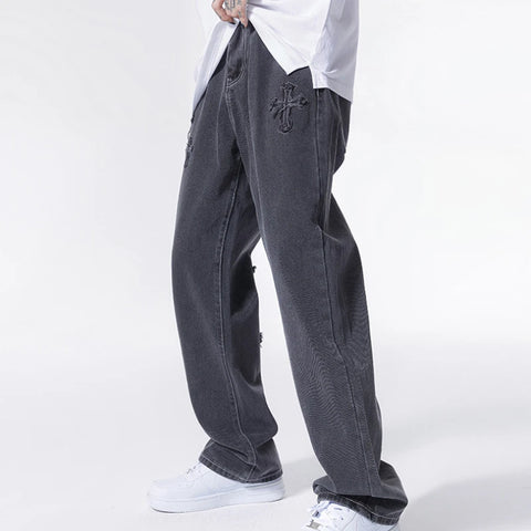 Men's clothing # American vibe style yellow mud dyed cross jeans men's ins embroidered high street wide leg long pants