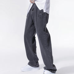 Men's clothing # American vibe style yellow mud dyed cross jeans men's ins embroidered high street wide leg long pants