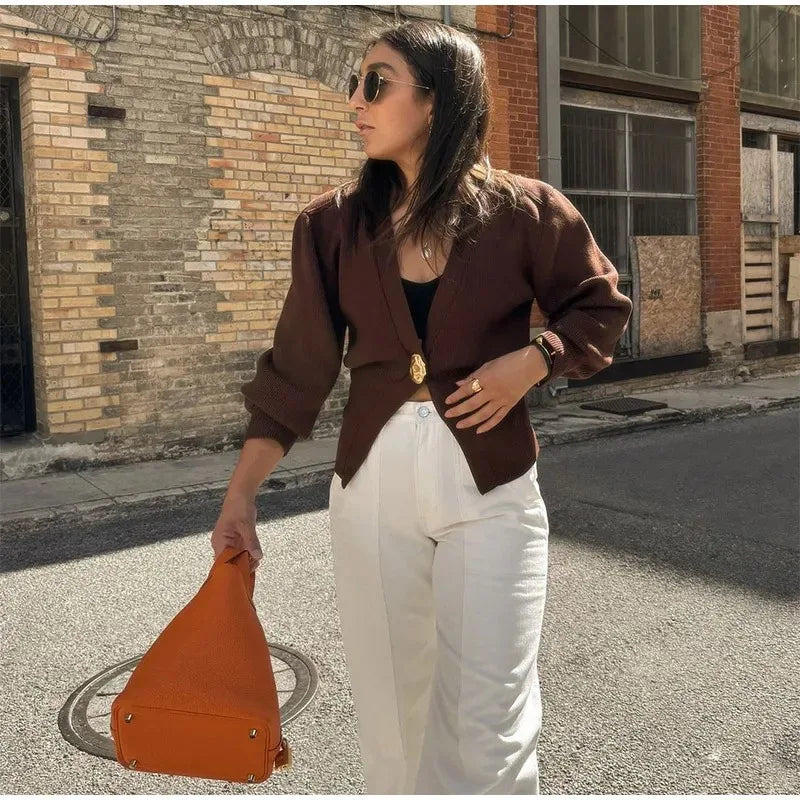 Cross-border European and American women's clothing AliExpress popular V-neck button-knitted cardigan