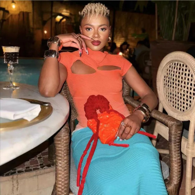 Sexy Gradient Orange Blue Knitted Hollow Out Fashion Maxi Dress