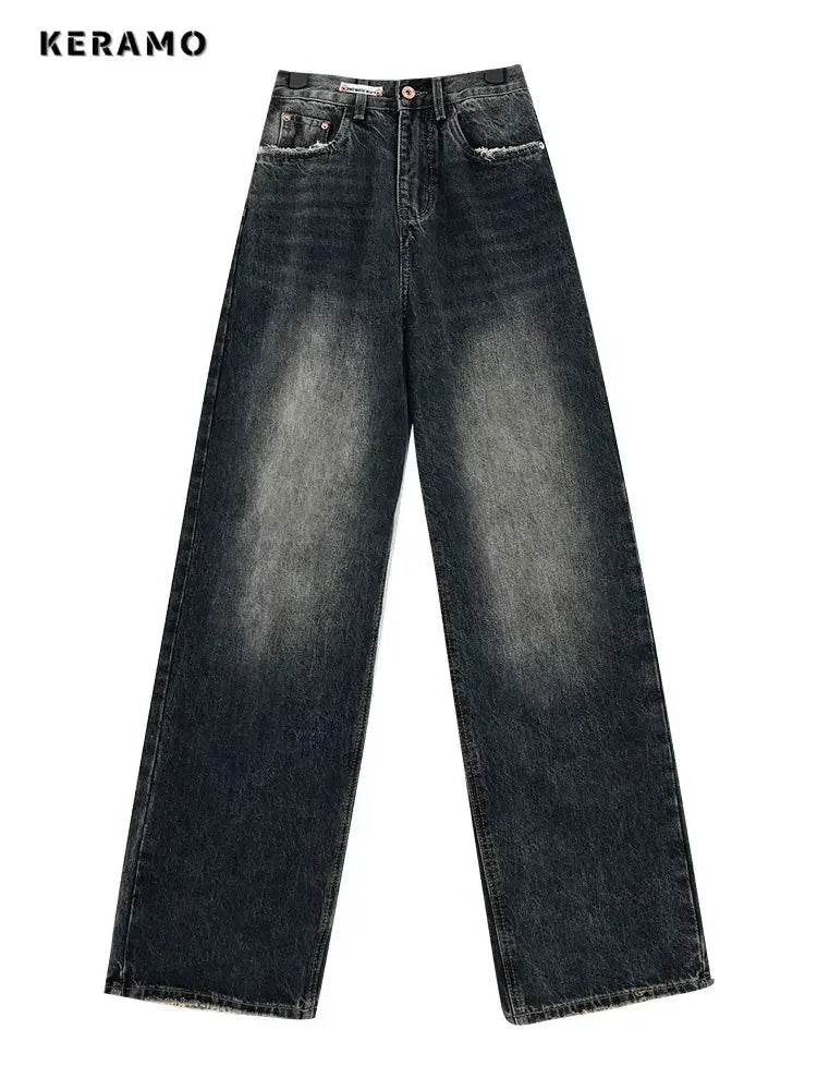 Harajuku Streetwear Retro Fashion Women High Waist Jeans Wide Leg Straight Denim Trousers Y2K Baggy Pants