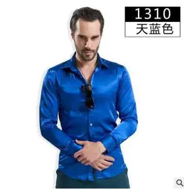 Men's Fashion Shiny Satin British Style Dress Shirt Luxury Ice Silk Long Sleeve Casual Wear