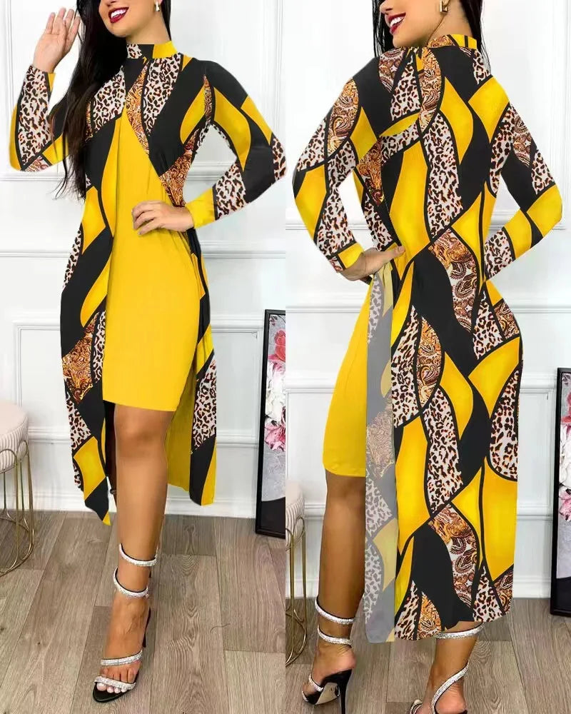 Elegant A Line Two Piece Print Dresses Full Sleeve Split Cardigan Half High Collar Dress