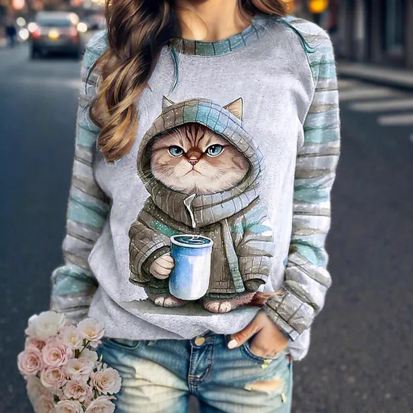 Women's round neck hoodie animal cat 3D printed shoulder style autumn and winter European and American T-shirt women's clothing