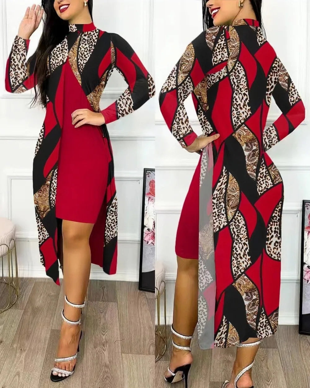 Elegant A Line Two Piece Print Dresses Full Sleeve Split Cardigan Half High Collar Dress