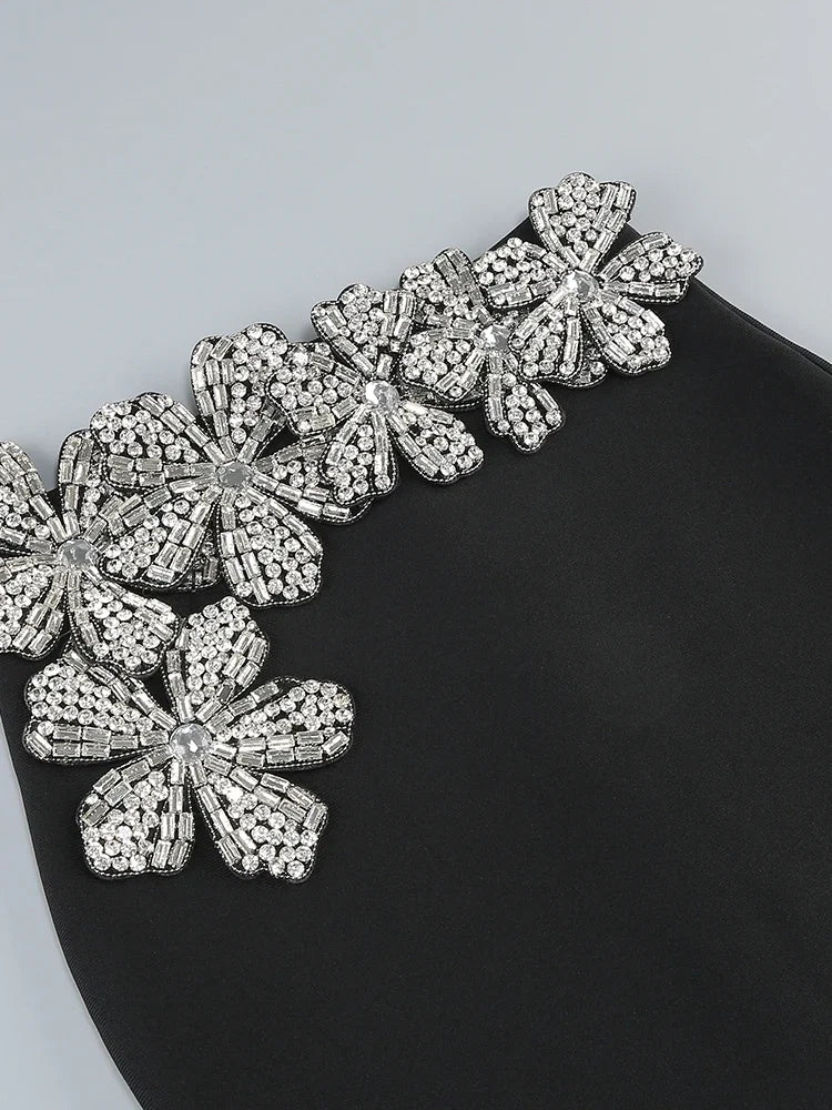 Long Sleeves Bandage 2-Piece Turtleneck Diamonds Flower Top Bodycon Skirts Suits