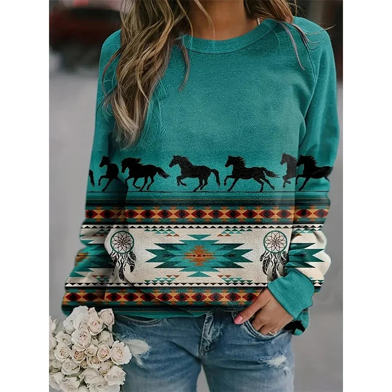 Western Aztec Ethnic Style Indians Sweatshirts Horse 3D Print Retro Hoodies Women Hoodie Oversized Pullovers Woman Tops Clothing