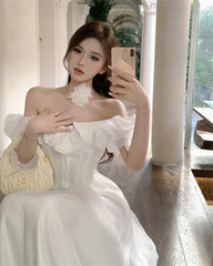 French Vintage White Strapless Midi Dresses for Women Summer New Elegant Party Slim Evening Wear