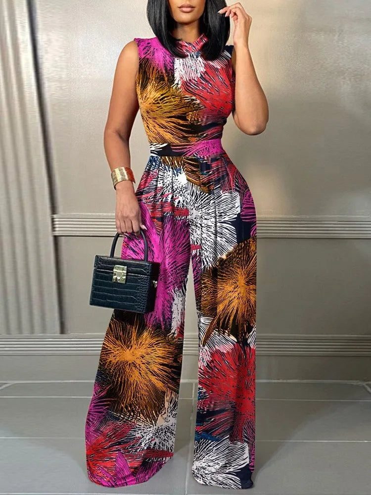 Elegant Women Wide Leg Juumpsuit Summer Fashion Printed Sleeveless Casual Wear