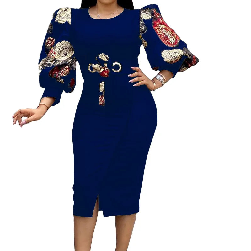 Women Elegant Bodycon Dresses O Neck Three Quater Sleeves High Waist Office Ladies Work Wear Package Hip African Fashion Spring