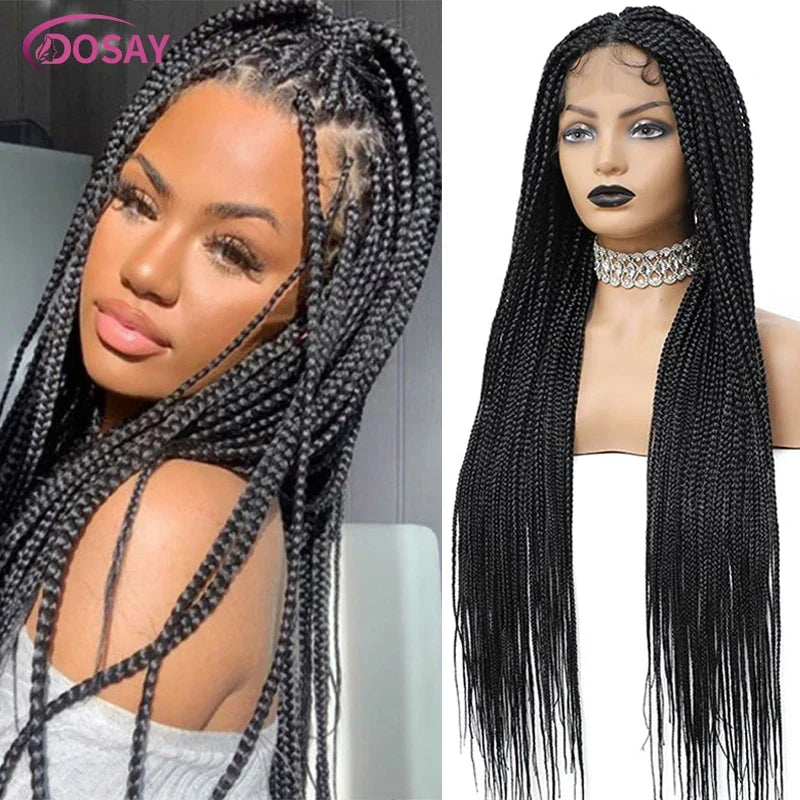 36" Full Lace Braided Wigs Synthetic Hair Box Braids Knotless Braided Wigs For African Women