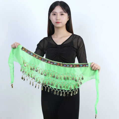New Belly Dance Hip Scarf Copper Coin Waist Scarf Indian Dance Performance Clothing Accessories Dance Wear Belt with Gemstone