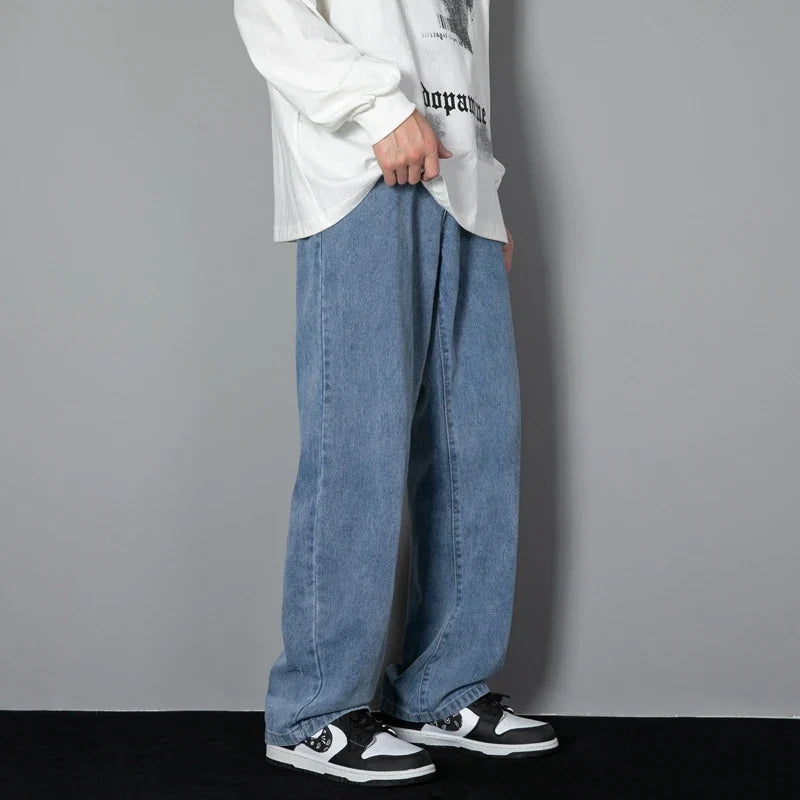 New Korean Men's Casual Long Jeans Classic Straight Denim Wide-leg Pants