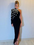 Celebrity One Sleeve Rhinestone Black Maxi Long Bodycon Elegant Evening Wear