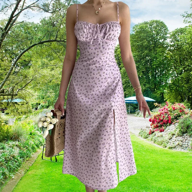 Amazon European and American cross-border women's clothing 2024 summer new casual suspender floral split dress long women's dres