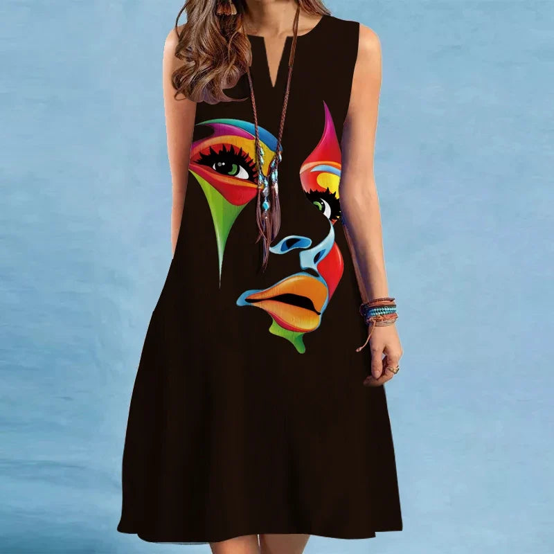 European and American Cross-border WOMEN'S V-neck Sleeveless Printed Hem Dress Medium Length