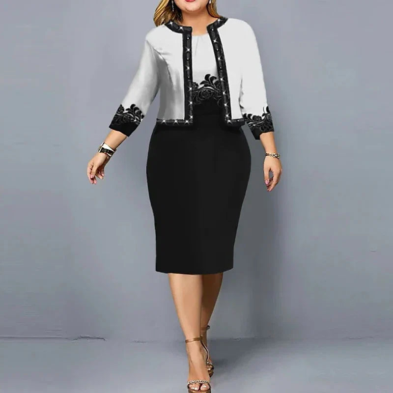 Women 3/4 Sleeve 2 Piece Cardigan set Wrapped Hip Dress Suit New Print Fashion Office Outfits Vestidos