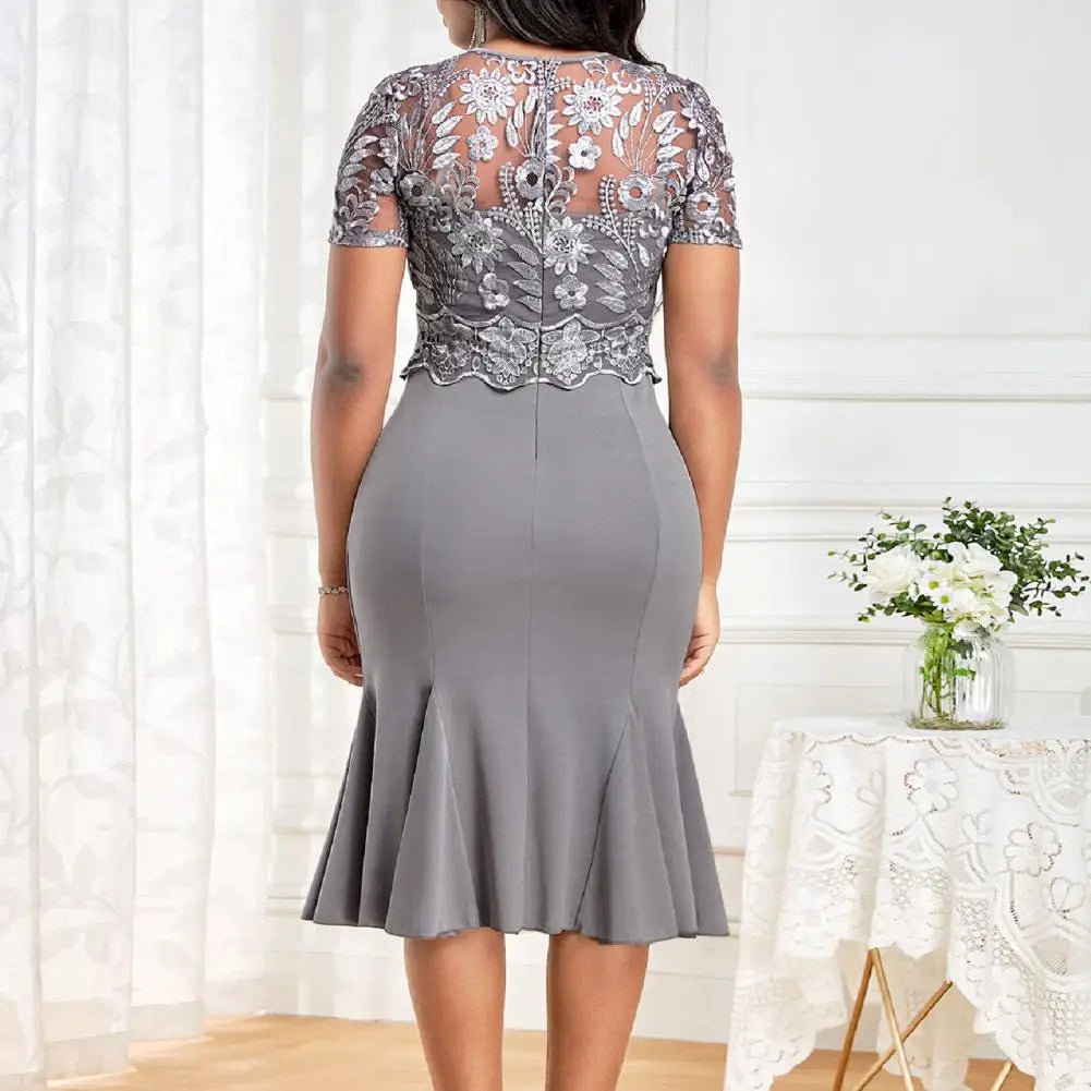 Fashion O Neck Elegant High Waist Lace Splicing Short Sleeve Dress