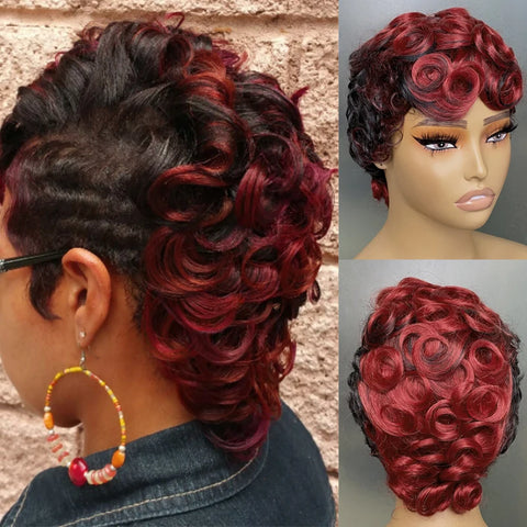 Short Black and Burgundy Synthetic Wig Short Curly 2 Tones Synthetic Wigs For Black Women Natural Short Hair Wig
