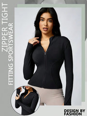 Women's Solid Color Zipper Turtleneck Sports Jacket, Long-Sleeved Sports Top, Gym Wear, Ladies' Sportswear for Indoor and Outdoo
