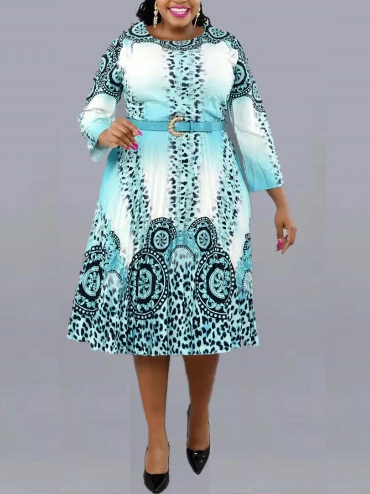 Women Print Dress Pleated Leopard Elegant Office Ladies Classy Work Wear Spring Summer Three Quarter Sleeve African Female Robes