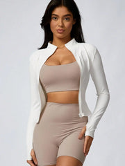 Women's Solid Color Zipper Turtleneck Sports Jacket, Long-Sleeved Sports Top, Gym Wear, Ladies' Sportswear for Indoor and Outdoo