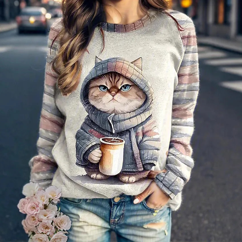 Women's round neck hoodie animal cat 3D printed shoulder style autumn and winter European and American T-shirt women's clothing