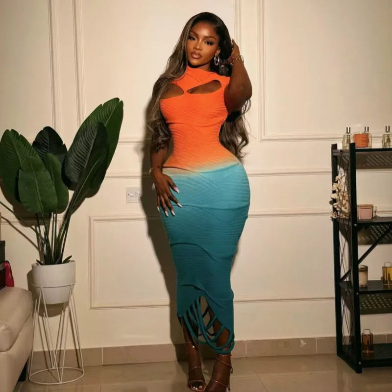 Sexy Gradient Orange Blue Knitted Hollow Out Fashion Maxi Dress