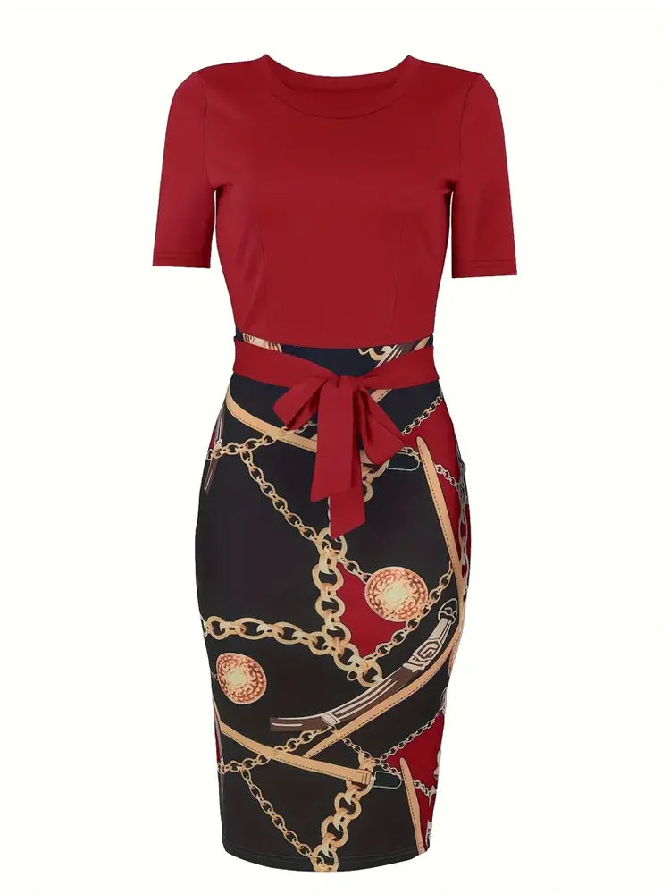 Colorblock Chain Print Short Sleeve Round Neck Slim Fit Mini Dress With Belt