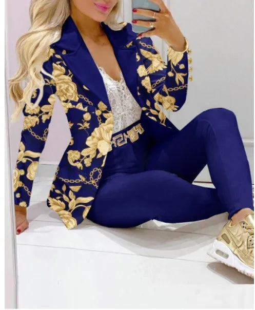 Elegant Two Piece Fashion Print Casual Pants Suits Outfit