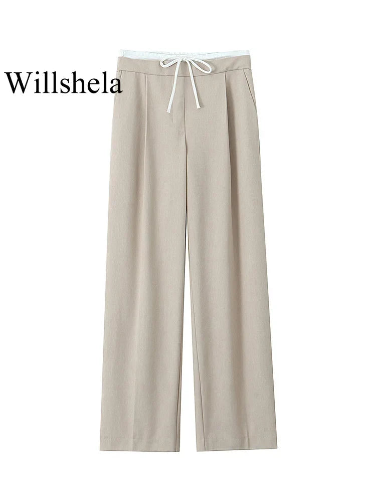 Willshela Fashion Solid Lace Up Side Zipper Straight Pants Vintage Elastic High Waist Chic Trousers