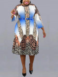 Women Print Dress Pleated Leopard Elegant Office Ladies Classy Work Wear Spring Summer Three Quarter Sleeve African Female Robes