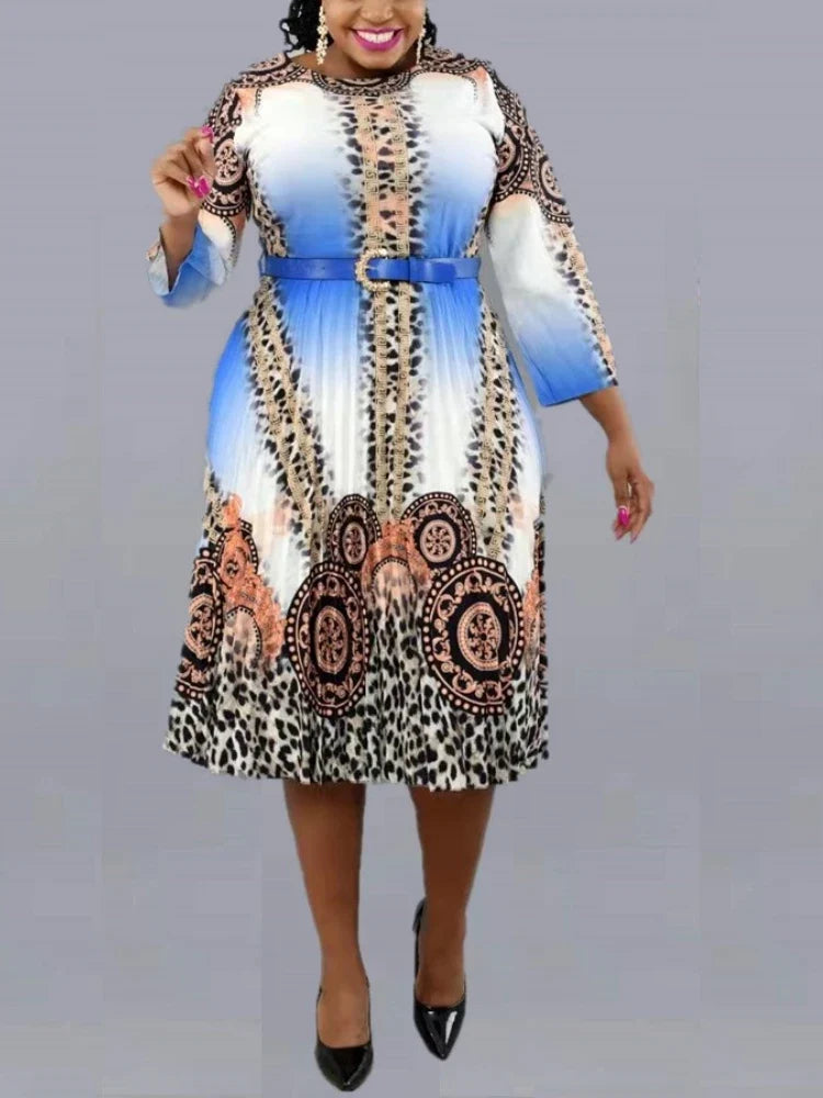 Women Print Dress Pleated Leopard Elegant Office Ladies Classy Work Wear Spring Summer Three Quarter Sleeve African Female Robes