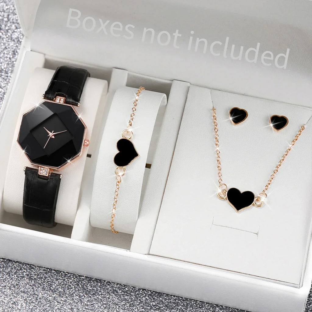 5PCS/Set Women's Fashion Leather Band Analog Quartz Watches Heart Jewelry Set (Without Box)