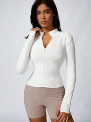 Women's Solid Color Zipper Turtleneck Sports Jacket, Long-Sleeved Sports Top, Gym Wear, Ladies' Sportswear for Indoor and Outdoo