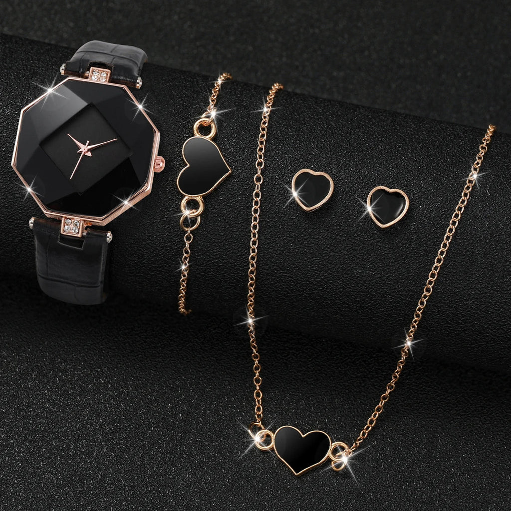 5PCS/Set Women's Fashion Leather Band Analog Quartz Watches Heart Jewelry Set (Without Box)