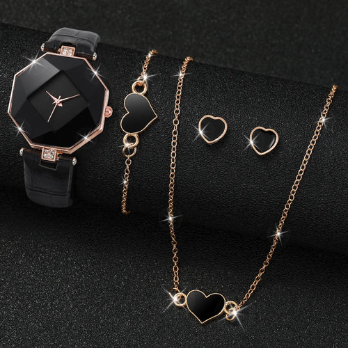 5PCS/Set Women's Fashion Leather Band Analog Quartz Watches Heart Jewelry Set (Without Box)