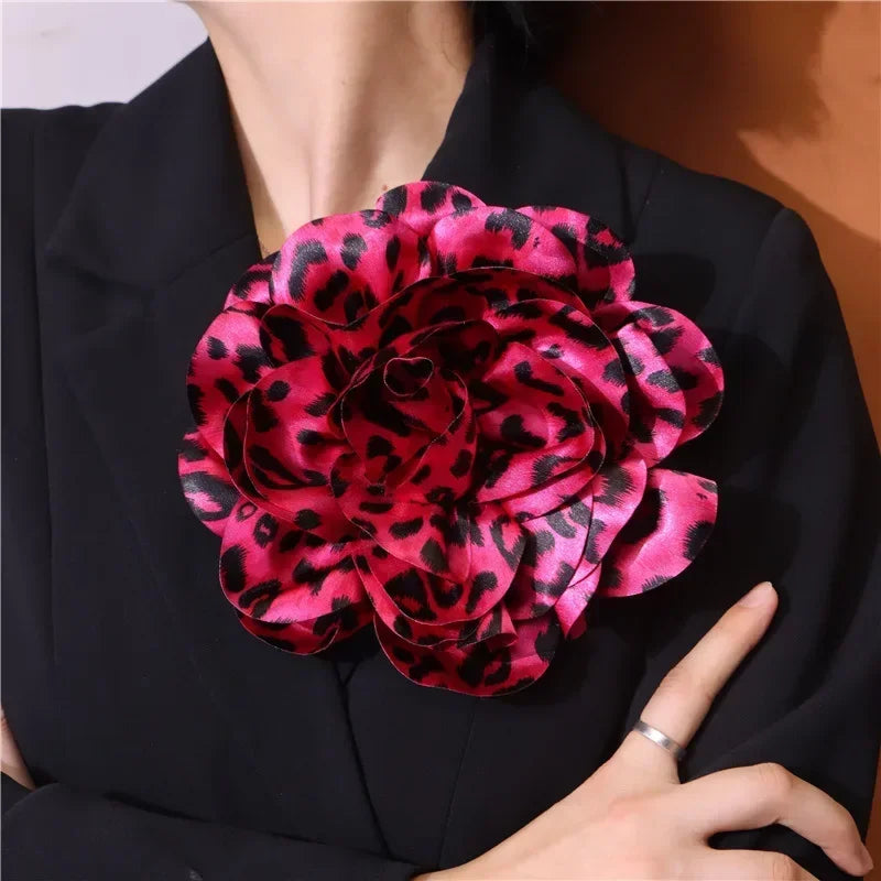 French Satin 19cm Brooch Fabric Exaggerated Leopard Print Large Flower Pins Handmade Flower Clothing Accessory Corsage